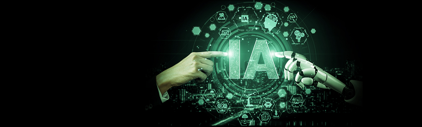 Montagem de uma mão humana junto a uma mão de robô, demonstrando conexão com IA