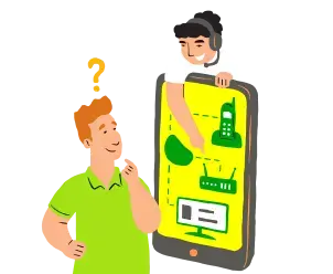 Ilustração mostra dois homens usando um telefone celular gigante em um fundo verde.