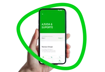 A foto mostra uma mão segurando um celular com a tela do app Oi_e da Oi. Há um desenho verde contornando o celular.