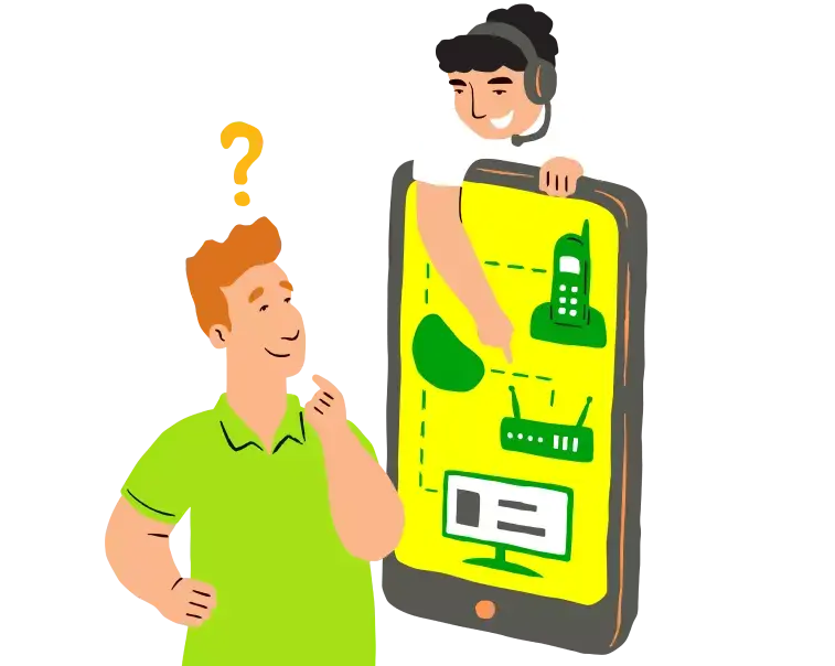 Ilustração mostra dois homens usando um telefone celular gigante em um fundo verde.