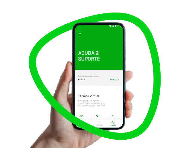 A foto mostra uma mão segurando um celular com a tela do app Oi_e da Oi. Há um desenho verde contornando o celular.