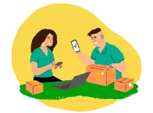 A ilustração mostra um homem e uma mulher de camisa verde dentro do estoque de uma loja com caixas e notebook numa mesa.