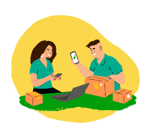 A ilustração mostra um homem e uma mulher de camisa verde dentro do estoque de uma loja com caixas e notebook numa mesa.