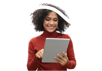 A imagem mostra uma mulher de suéter vermelho sorrindo usando um tablet. Ela está rodeada por um desenho de contorno branco. O fundo é todo verde.