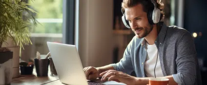 Com fones de ouvido, homem trabalha de casa usando laptop conectada à fibra ótica