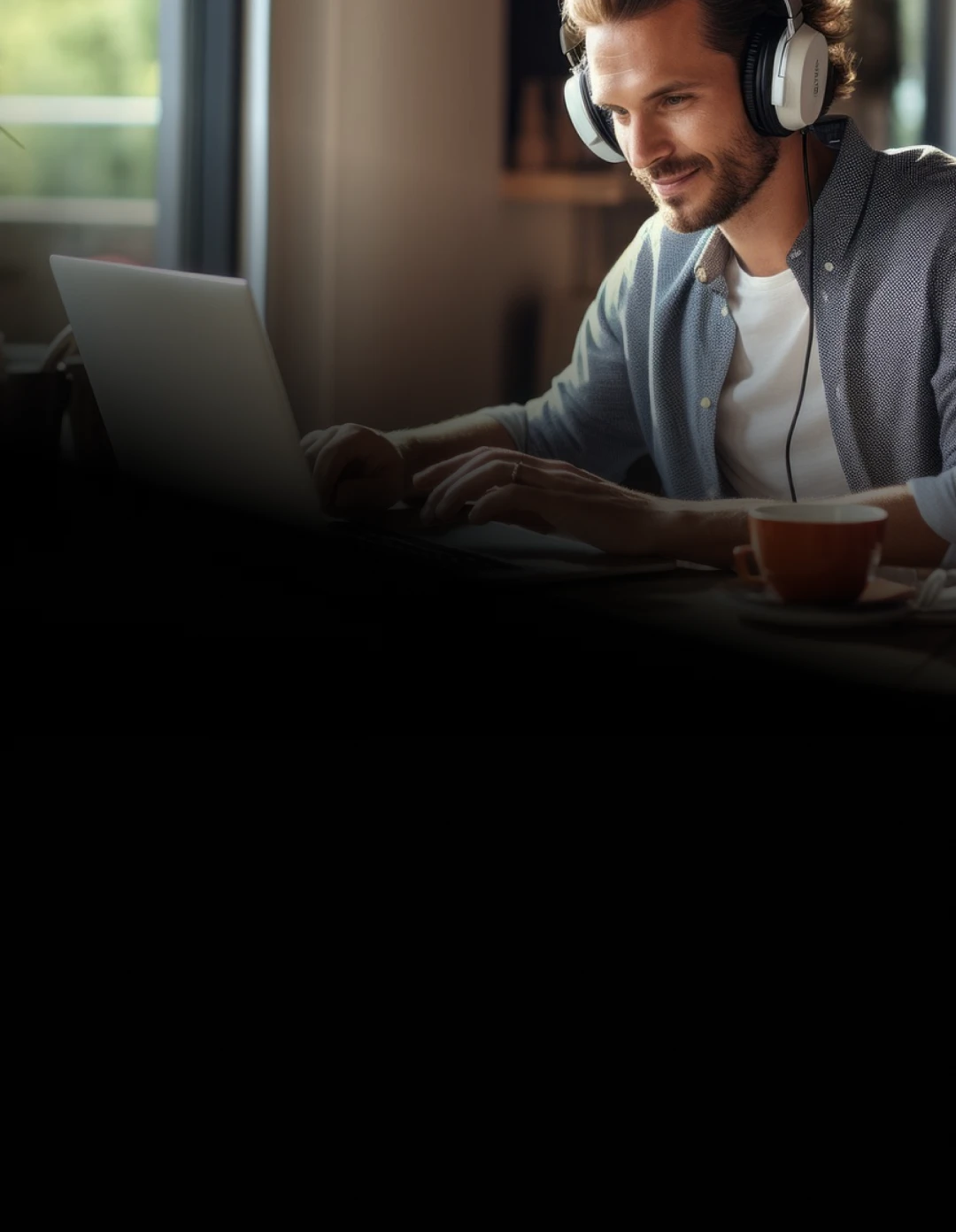  Homem sorridente usando fone de ouvido e trabalhando no computador com o melhor plano de internet residencial.