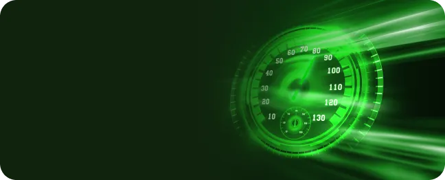 Imagem de um medidor de velocidade de internet verde mostrando a velocidade com luzes dinâmicas.