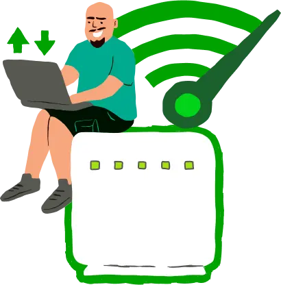 Na ilustração, um modem conectado. Sentado sobre ele, um rapaz usando o notebook e símbolos de download e upload. Atrás, um medidor indica velocidade máxima.
