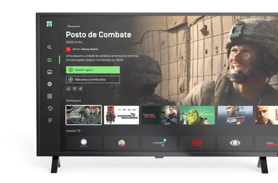  A imagem mostra uma TV mostrando a tela inicial do aplicativo de streaming Oi Play.