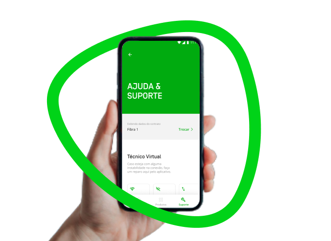 App Oie com Internet residencial | Oi Fibra A imagem mostra uma mão segurando a tela do aplicativo Oie envolta numa auréola verde.